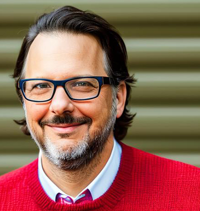 Portrait of John LoCurto in red sweater. 